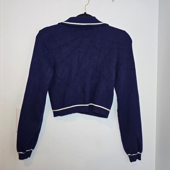 Willow & Wind Cropped Polo Sweater Size M Navy White Trim Collared Preppy - Picture 4 of 7